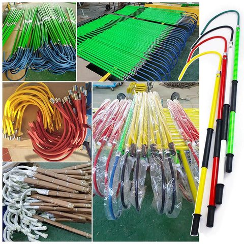 Heavy-Duty Fiberglass Insulated Rescue Pole For High Voltage Safety with various colored hooks and lengths displayed.