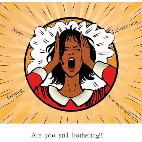 Illustration of a woman in distress, hands on her head, surrounded by words like noise, labour-some, grating, and non-wear resistance.