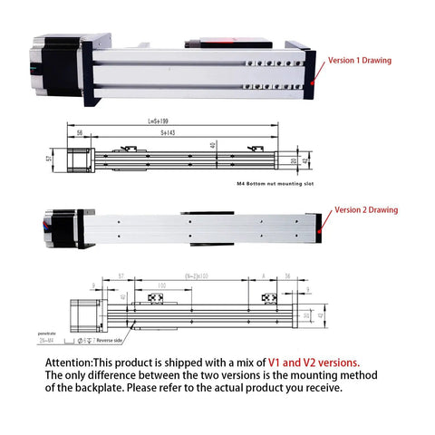 Diagram of FSL40 Linear Guide System With G1610 Ball Screw For CNC Table Motion, showing 700mm stroke and backplate versions V1 and V2.