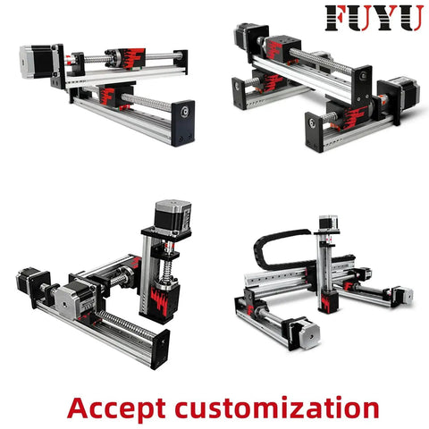 Various angles of FSL40 Version 2.0 Linear Guide Table With Ball Screw Motion for CNC, showcasing Nema 23 compatibility, aluminum structure.