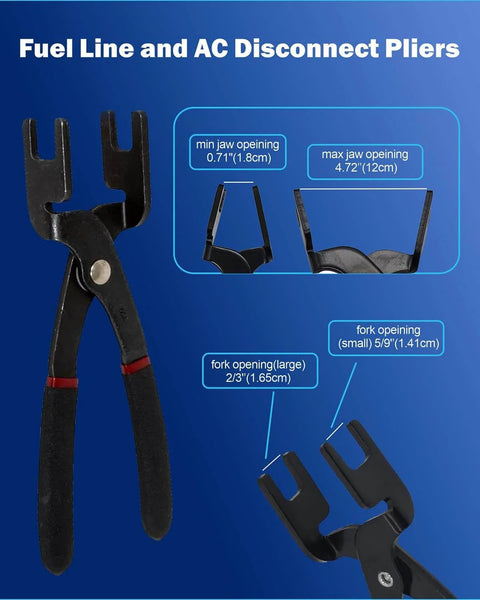 All In One Master Quick Disconnect Tool Kit For Fuel Lines And A C Systems Transmission Hoses Gas Line Removal And Separator Tools Pro Grade Heavy Duty Pliers And Connectors Kit Compatible With GM Ford Chrysler showing pliers with jaw and fork measurements.