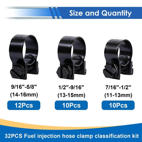 32 Piece Black Fuel Line Clamps Set for Fuel Injection Hose Clamps in One Quarter Inch Five Sixteenth Inch and Three Eighth Inch Sizes Zinc Plated High Pressure Hose Clamps