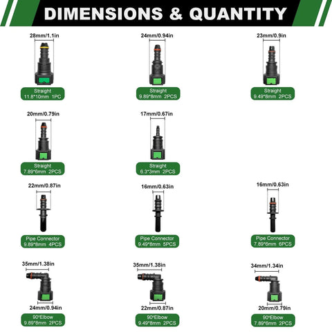 DIY Ready Fuel Line Quick Connector Repair Kit, 30 pcs 11 size assortment, dimensions and quantities chart for connectors and fittings