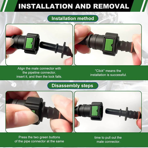 DIY Ready Fuel Line Quick Connector Repair Kit showing installation and removal process with 30 pcs in various sizes.