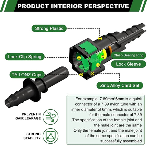 DIY Ready Fuel Line Quick Connector Repair Kit, cross-section showing 7.89mm nylon tube with lock clip, sealing ring, lock sleeve