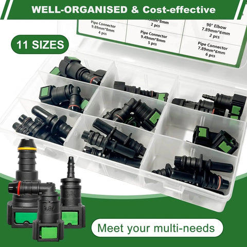 DIY Ready Fuel Line Quick Connector Repair Kit, 30 Pcs 11 Size Assortment With 9 Straight Ends, 6 Elbows, And 15 Pipe Fittings