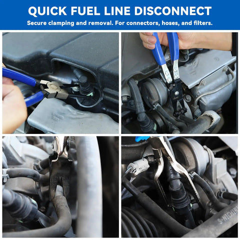 13-Piece Automotive Electrical Disconnect Pliers And Fuel Line Tool Set With Storage Bags in use on car engine parts
