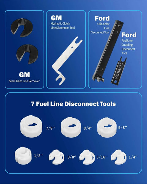 All In One Master Quick Disconnect Tool Kit For Fuel Lines And A C Systems Transmission Hoses Gas Line Removal And Separator Tools Pro Grade Heavy Duty Pliers And Connectors Kit Compatible With GM Ford Chrysler, showing various tools and their sizes.