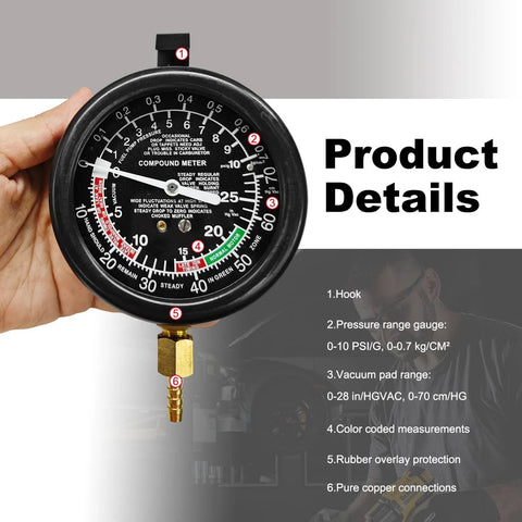 DXNQ fuel pump and vacuum tester gauge with black dial, brass connector, handheld automotive fuel system tester