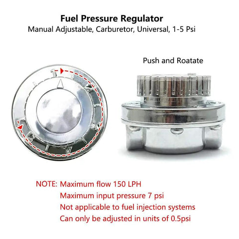 Adjustable 1 to 5 PSI Fuel Pressure Regulator For Carburetors With Zinc Alloy Body And Chrome Finish Manual Dial Control Front View