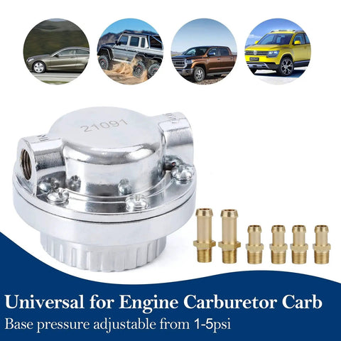 Fuel Pressure Regulator Kit For Carbs With Manual Five Gear Adjustable Dial And Facet Pump Compatibility shown with adapters