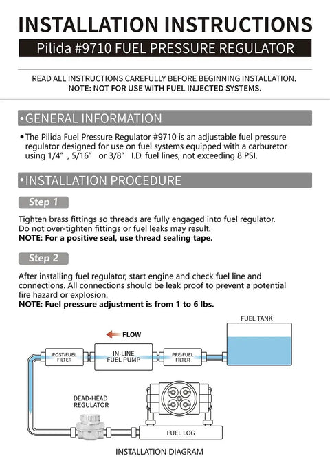 Installation instructions for Pilida #9710 fuel pressure regulator showing setup diagram for installation.