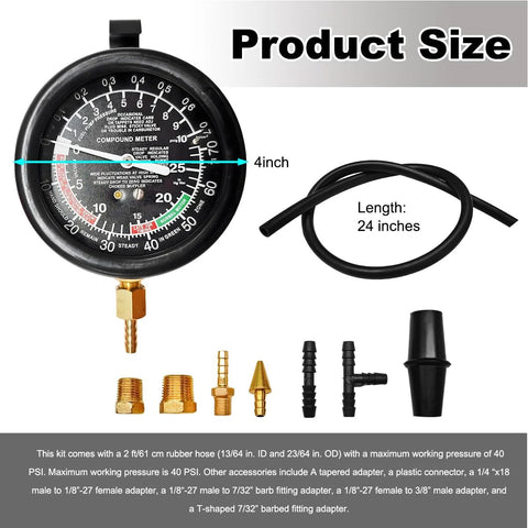 DXNQ automotive fuel pressure tester gauge kit with 4-inch black dial and brass adapters, 24-inch hose