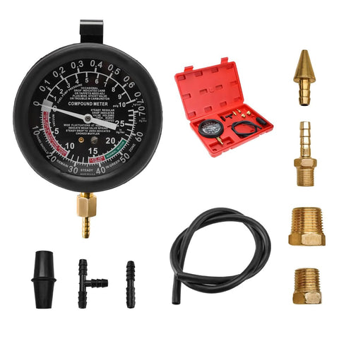 DXNQ fuel pump and vacuum tester gauge kit with pressure gauge, red case, hoses, and brass adapters