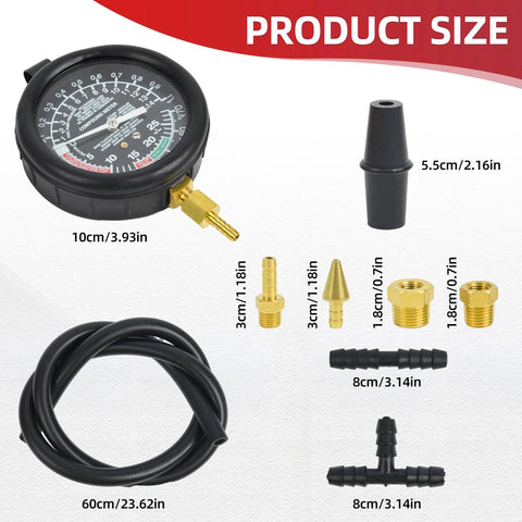 Automotive fuel pump pressure and vacuum tester gauge kit with black dial gauge, brass adapters, and 60cm hose
