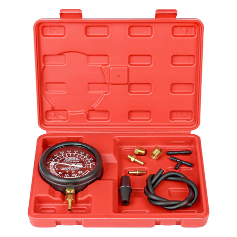 WUODAO fuel pump pressure and vacuum gauge kit in red case with brass fittings and hose
