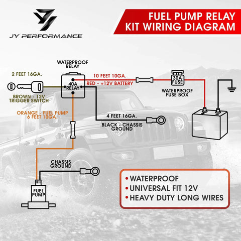 12V Electric Fuel Pump Relay Kit 40 Amp Waterproof Heavy Duty With Long Wires installation diagram for cars and trucks.