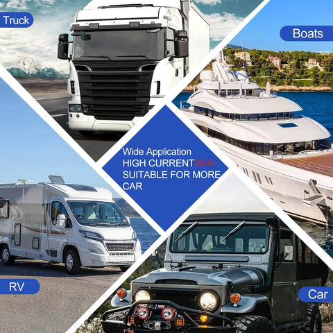 Collage of a large white truck, luxury boat, recreational vehicle, and off-road car demonstrating 12V system use.