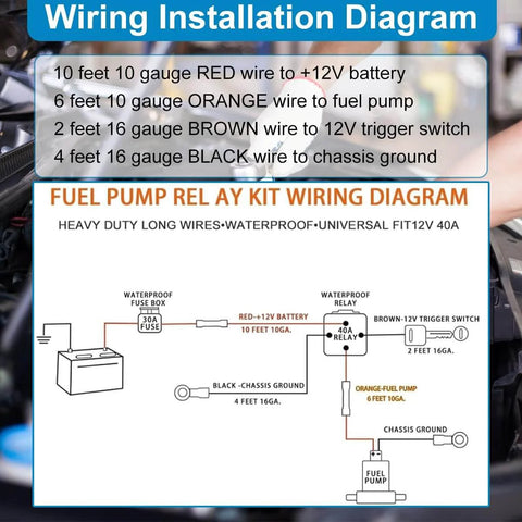 Electric Fuel Pump Relay Kit For 12V Systems With 40 Amp Waterproof Relay, Bypass Harness installation diagram.