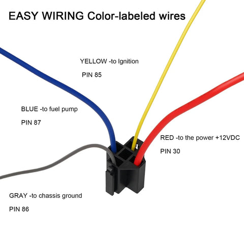 Color-labeled wires for Heavy Duty 12V Fuel Pump Relay Kit With 60 Amp Waterproof Relay, Bypass Switch, Long Wiring Harness