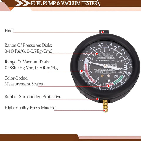VECKYJL vacuum gauge tester kit, black circular gauge with brass fitting for automotive fuel pressure and vacuum testing