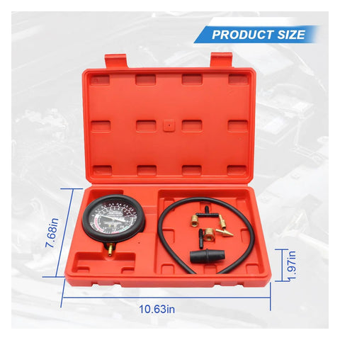 UHANBUT fuel pump and vacuum tester gauge kit in red case with gauge, hose, and fittings for automotive fuel system testing