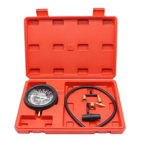 UHANBUT fuel pump and vacuum tester gauge kit in red case; gauge, hose, brass adapters for automotive fuel system.