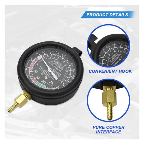 UHANBUT fuel pump and vacuum tester gauge with brass connector and black circular dial for car carburetor diagnostics