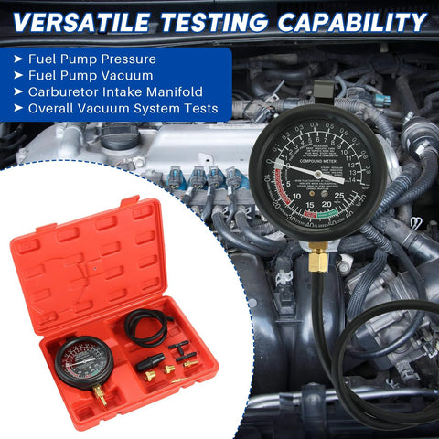 weyleity fuel pump and vacuum tester gauge kit with red carrying case and assorted fittings