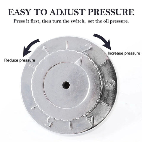 Close-up of manual five gear adjustable dial on fuel pressure regulator kit for carbs, showing pressure settings and arrows for easy adjustment.