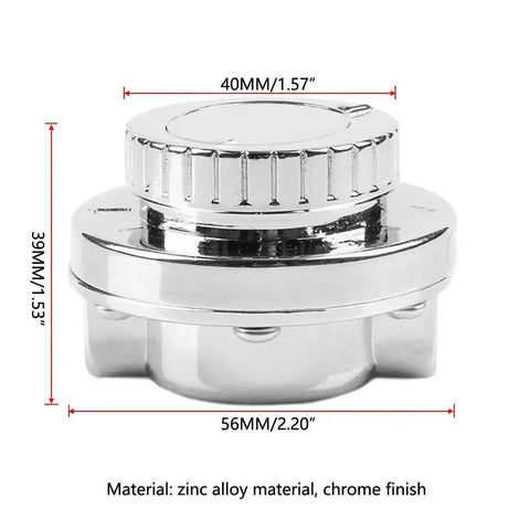 Adjustable 1 to 5 PSI Fuel Pressure Regulator with zinc alloy body, chrome finish, shown with size dimensions and manual dial control.