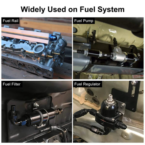 12AN Flare To AN12 ORB Male Fitting Adapter Set 2 Pack Aluminum 6061 T6 With NBR O Ring Seals For High Pressure Up To 1500 PSI 1 1/16 12 UNF Thread AN To ORB For Fuel Oil Turbo Lines connected to various fuel system components, including fuel rail, pump, filter, and regulator.