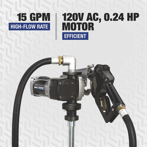 Roughneck Heavy-Duty Fuel Transfer Pump - 15 GPM, 120 Volt AC, Auto Nozzle, Gasoline Compatible, side view with key features
