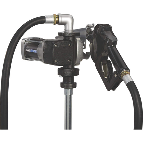 Roughneck Heavy-Duty Fuel Transfer Pump - 15 GPM, 120 Volt AC, Auto Nozzle, Gasoline Compatible. Side view of pump and nozzle.