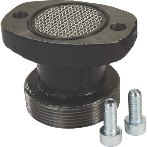 Roughneck Heavy-Duty Fuel Transfer Pump component, showing cast-iron base and mesh filter, part of 15 GPM, 120 Volt AC system.