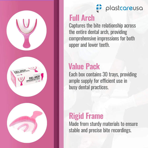 Full Arch Pink Disposable Dental Bite Registration Trays for Teeth Impressions, 30 Count Box, Rigid Frame, Product Features