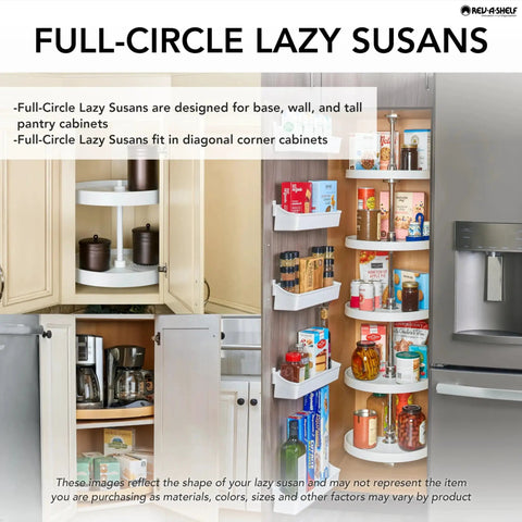 Dual 18 Inch Full Circle Lazy Susan Organizer For Upper Corner Kitchen Cabinets with white plastic 2 tier turntable shelves