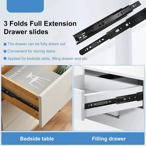 Visual guide of 12 Inch Full Extension Drawer Slides Set, 4 Pairs Ball Bearing Side Mount Rails on bedside table and drawer