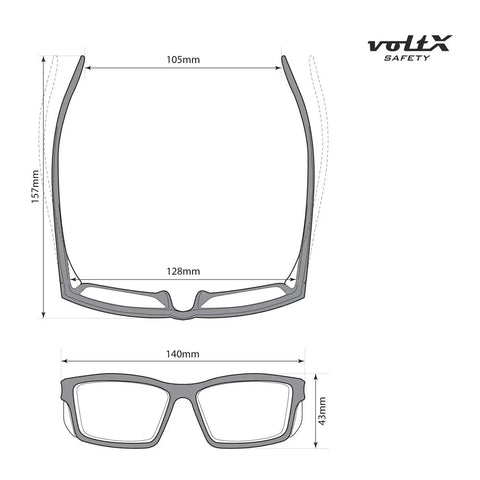 Technical diagram of Full Lens Reading Safety Glasses 1.5 Diopter ANSI Z87.1 CE EN166F Anti Fog UV400, showing frame dimensions.