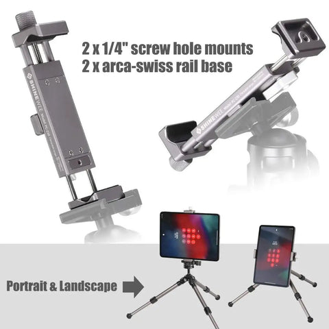 Full Metal Tablet Tripod Holder With Universal Clamp And Arca Swiss Dovetail Mounts, shown with 1/4 inch screw holes and Arca-Swiss rail base.