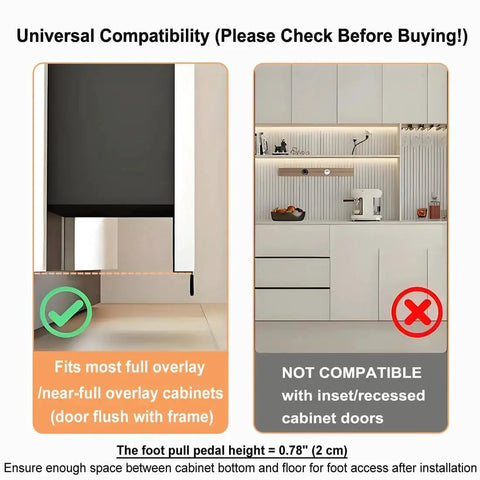 Diagram showing compatibility of Pack Of Two Hands Free Cabinet Foot Pulls For Touchless Trash Drawers And Full Overlay Cabinets with examples