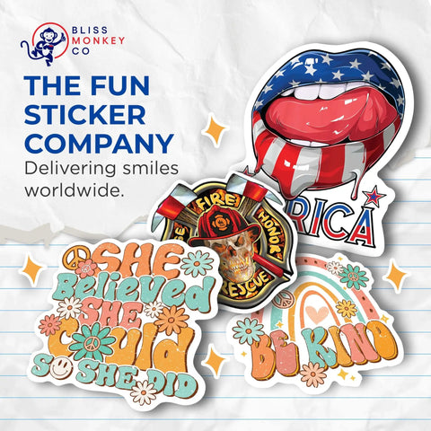 Collage of colorful stickers including American flag lips, firefighter skull, floral text, and rainbow with lettering.