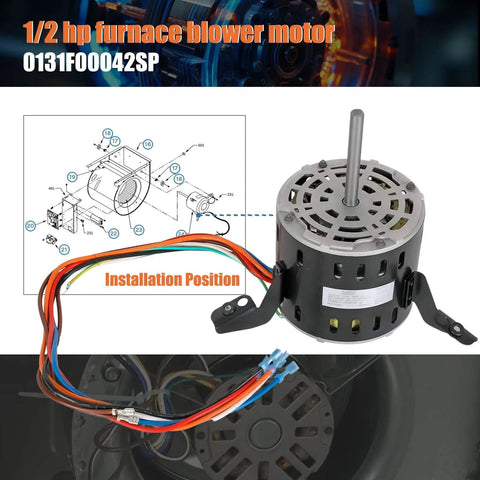 Front view of Replacement 1/2HP 115V Blower Motor for Goodman Amana Janitrol Units 0131F00042SP 1130RPM with wires and diagram.