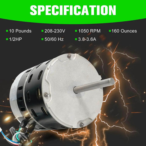 Furnace Blower Motor Half Horsepower 208 To 230 Volt 1050 RPM For Intertherm E7 Furnaces and compatible brands, side view with specs