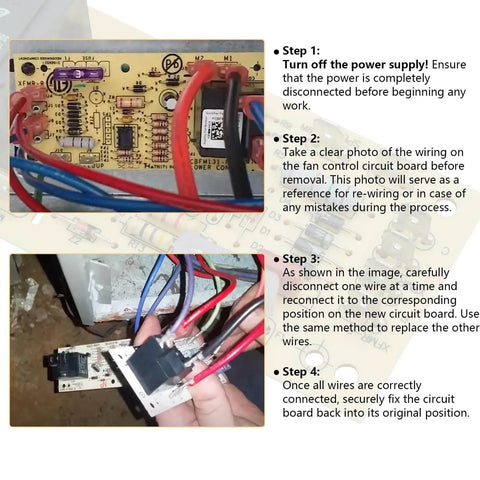 Furnace Blower Control Board Replacement With Time Delay Circuit Board For Goodman Daikin Amana Models PCBFM103S PCBFM131S OEM Replacement Easy Install And Broad Compatibility. Image shows a circuit board with wiring connections and step-by-step installation instructions.