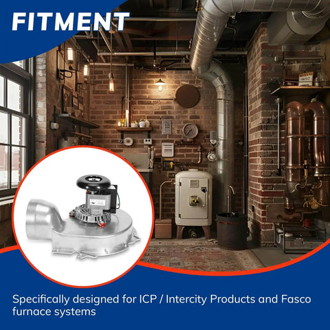 Furnace Draft Inducer Exhaust Vent Blower Motor For Fasco 70582726 And ICP Intercity Direct Replacement showing design and fitment.