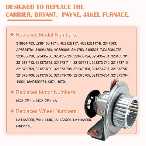 Furnace Draft Inducer Blower Motor Assembly Replacement HC21ZE117B For Carrier Bryant Payne Jakel Units with parts list