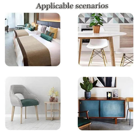 Various furniture settings including bedroom, dining area, living room, and office with decor items.