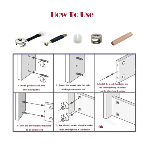 Effortless furniture assembly with a 300-piece 3-in-1 connecting hardware set including cam locks, wood dowels and dowel pins