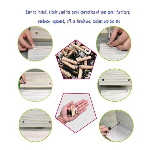 Effortless furniture assembly with a 300-piece 3-in-1 connecting hardware set diagram, showing cam locks and dowel installation.